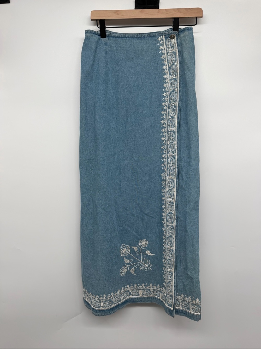 Soft Surroundings Light Blue Embroidered Denim Maxi Skirt